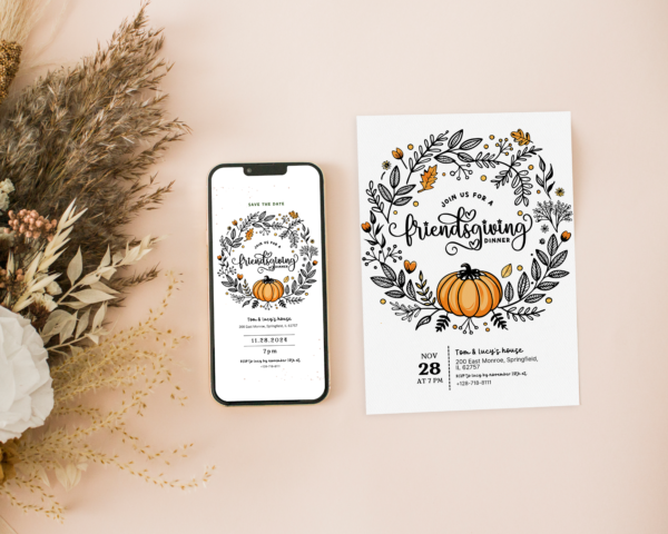 Printable Thanksgiving wreath invitation | Canva editable | Template #011