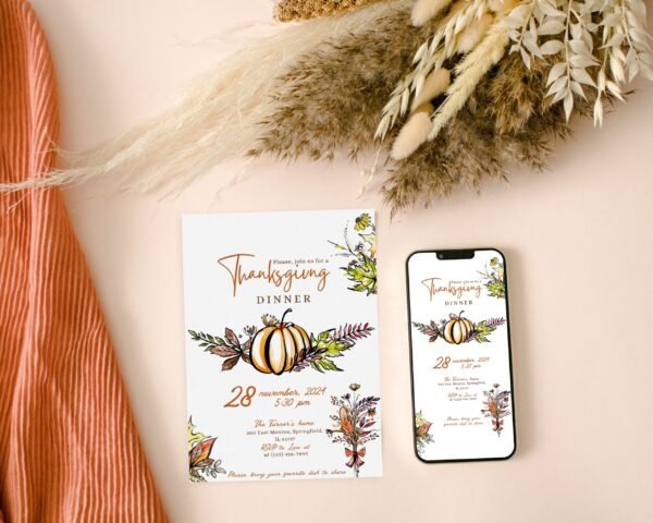 Printable Thanksgiving wreath invitation | Canva editable | Template #016