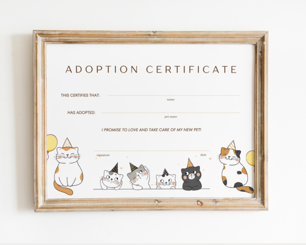 Printable cat adoption certificate | Canva editable | Template #009